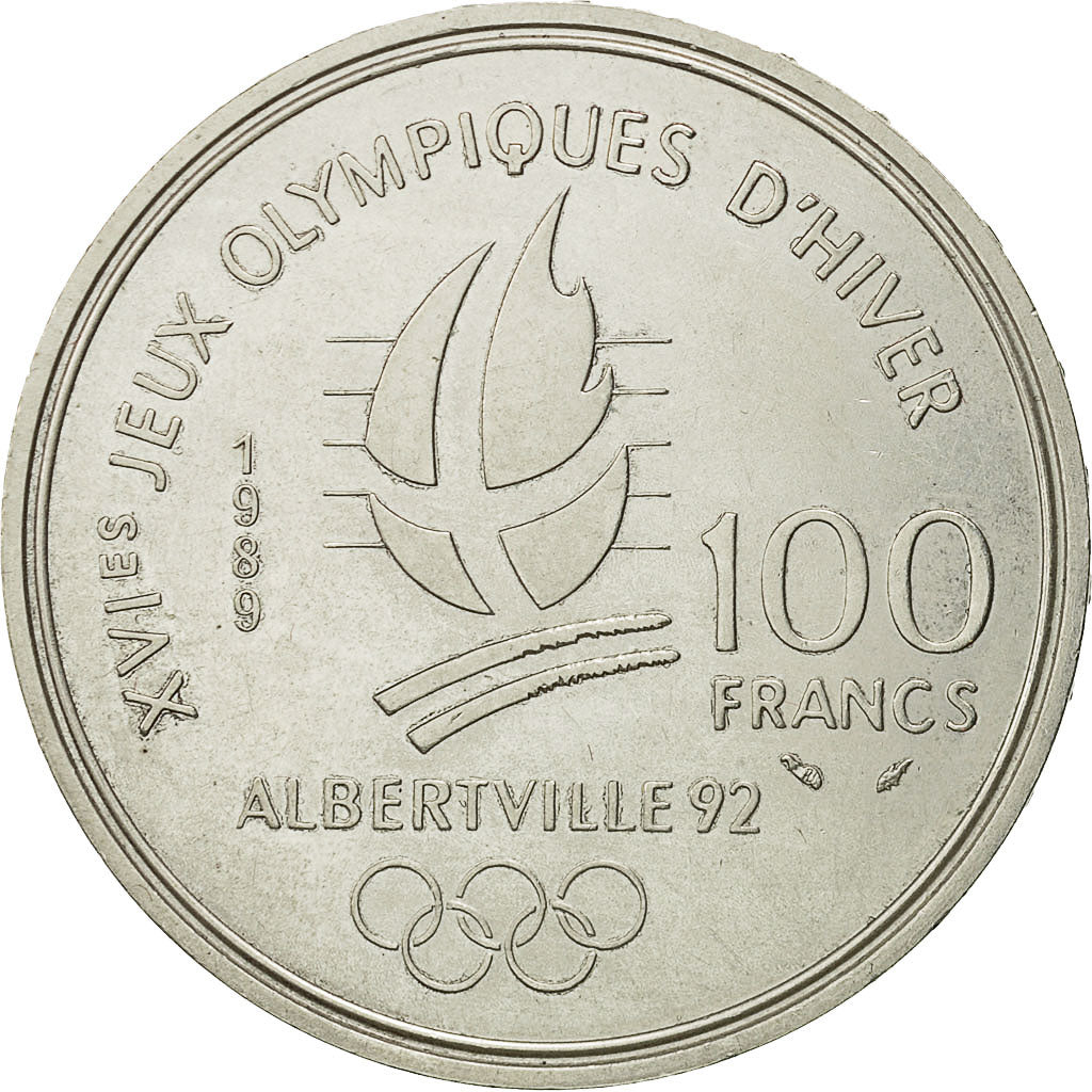 France, Jeux Olympiques d'Hiver, 100 Francs, 1989, Paris, MS(63), Silver, KM:971