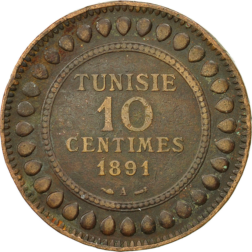 Coin, Tunisia, Ali Bey, 10 Centimes, 1891, Paris, EF(40-45), Bronze, KM:222