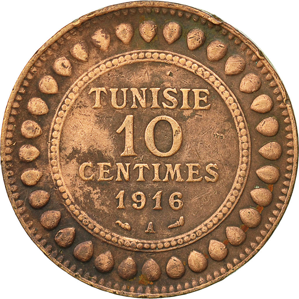 Coin, Tunisia, Muhammad al-Nasir Bey, 10 Centimes, 1916, Paris, AU(50-53)