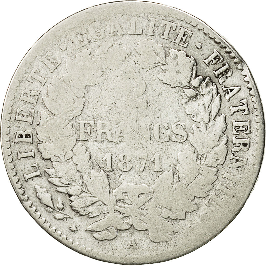 Coin, France, Cérès, 2 Francs, 1871, Paris, VF(20-25), Silver, KM:817.1