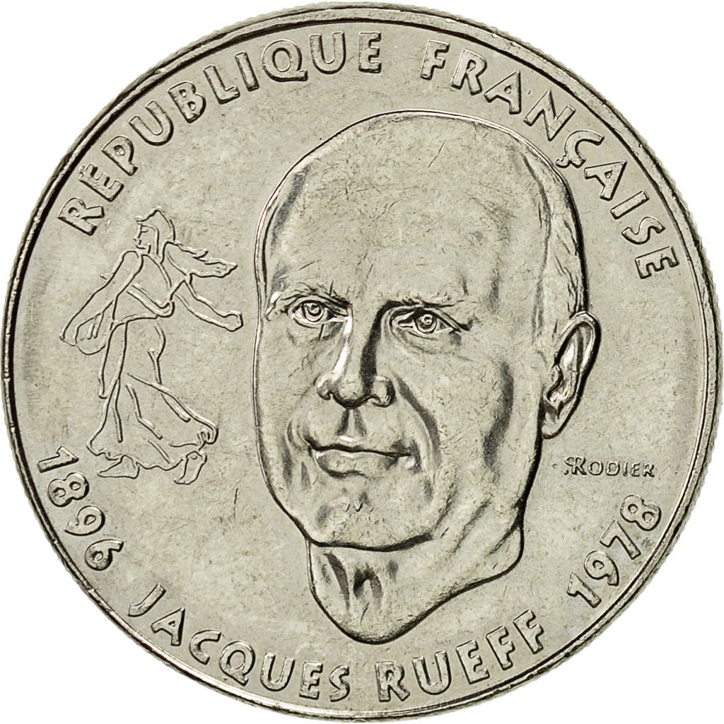Moneta, Francja, Jacques Rueff, Franc, 1996, MS(63), Nikiel, KM:1160