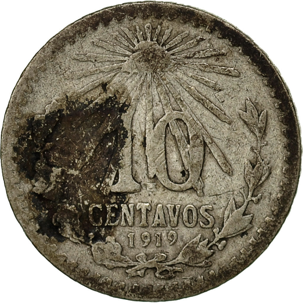 Moneda, México, 10 Centavos, 1919, Mexico City, BC+, Plata, KM:429
