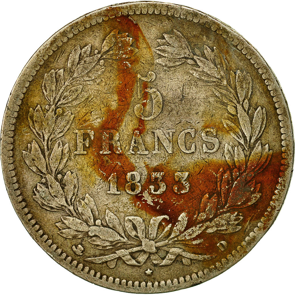 Moneta, Francia, Louis-Philippe, 5 Francs, 1833, Lyons, MB+, Argento, KM:749.4