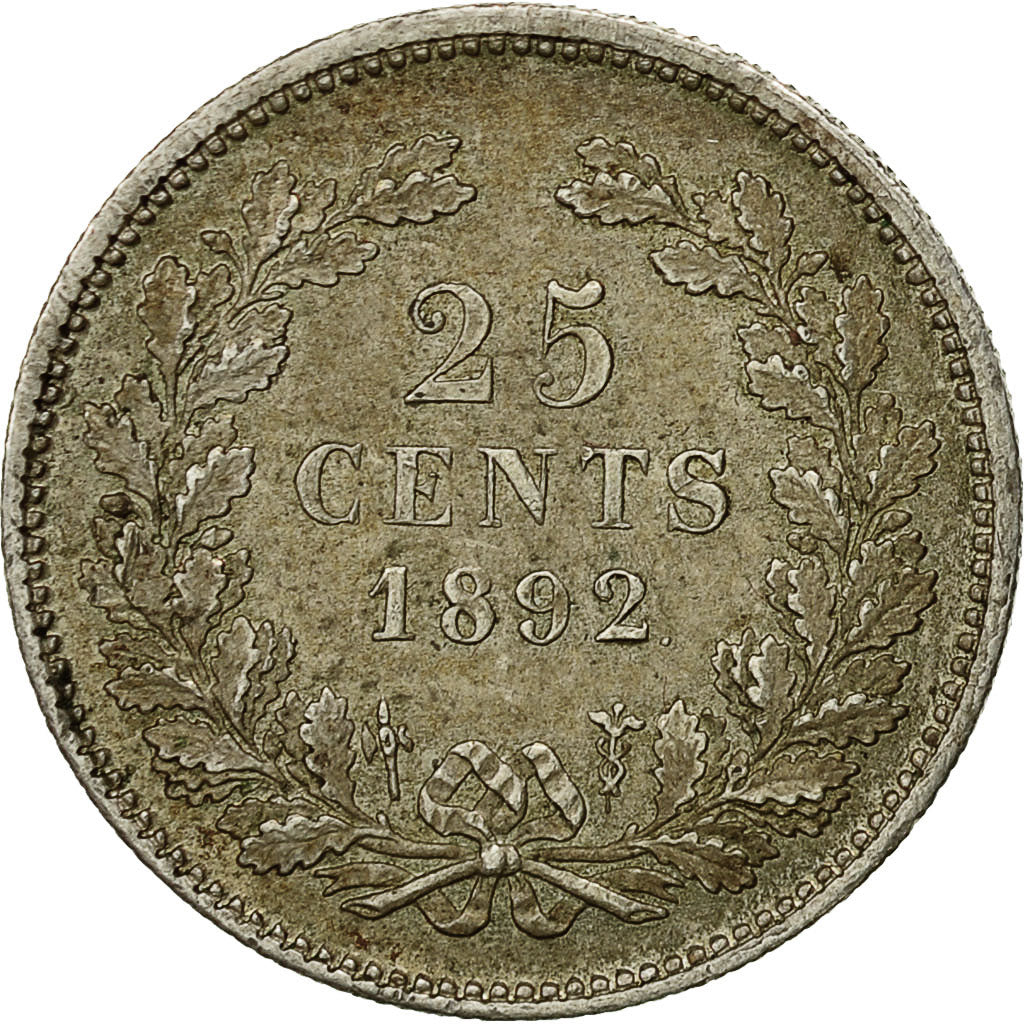 Netherlands, Wilhelmina I, 25 Cents, 1892, AU(55-58), Silver, KM:115