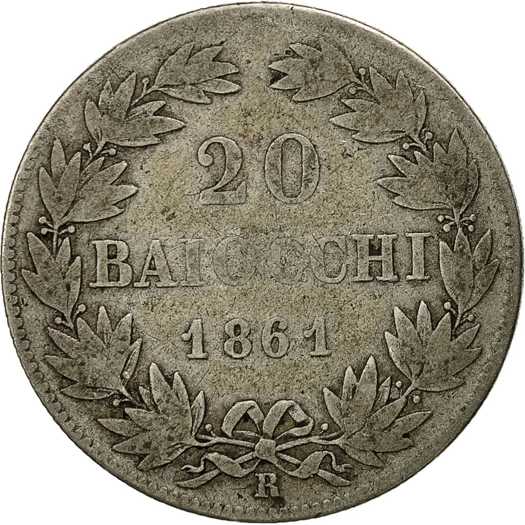 Coin, ITALIAN STATES, PAPAL STATES, Pius IX, 20 Baiocchi, 1861, Rome, F(12-15)