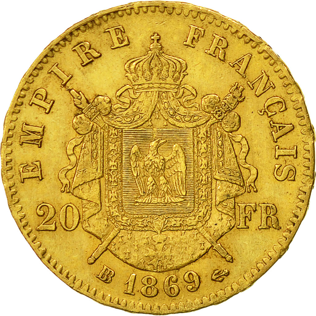 France, Napoleon III, 20 Francs, 1869, Strasbourg, Large BB, MS(60-62), Gold