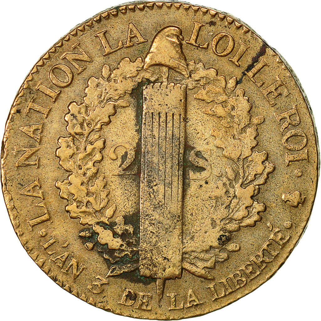 Moneta, Francia, Louis XVI, 2 sols françois, 2 Sols, 1791, Paris, MB+, Bronzo