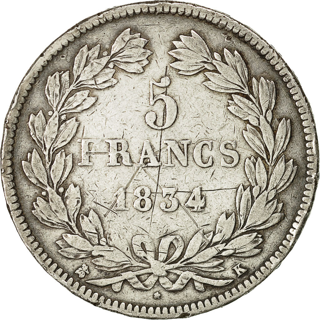 Monnaie, France, Louis-Philippe, 5 Francs, 1834, Bordeaux, TB, Argent, KM:749.7
