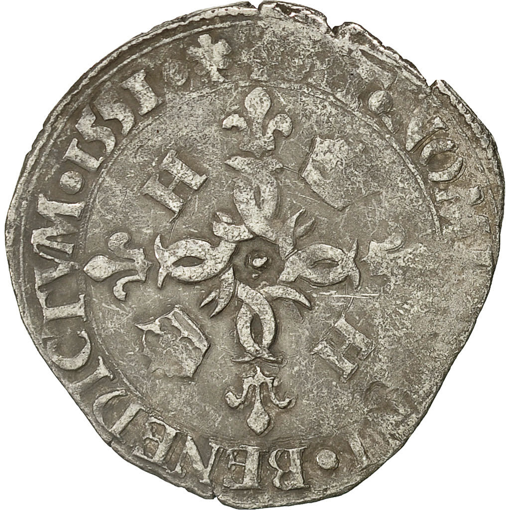 Monnaie, France, Henri II, Douzain aux croissants, 1551, Nantes, TB, Billon