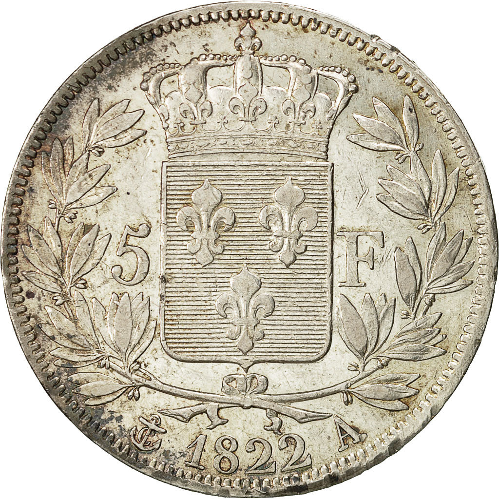 Moneda, Francia, Louis XVIII, Louis XVIII, 5 Francs, 1822, Paris, MBC+, Plata