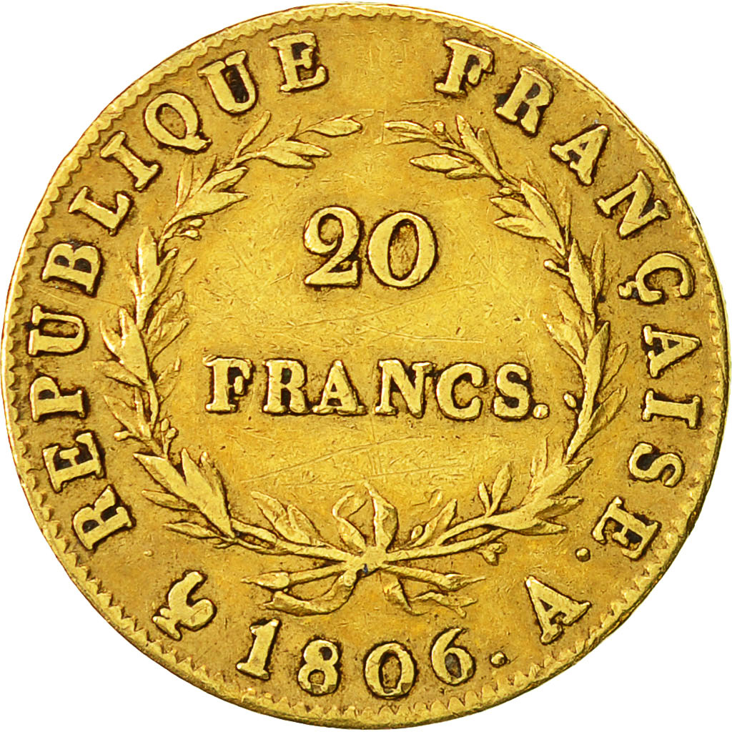 Francia, Napoléon I, 20 Francs, 1806, Paris, MB+, Oro, KM:674.1, Gadoury:1023