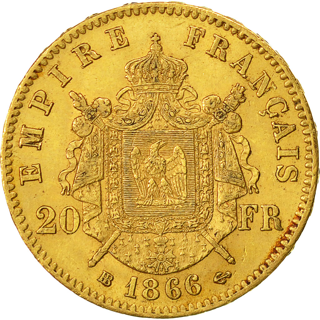 France, Napoleon III, 20 Francs, 1866, Strasbourg, AU(55-58), Gold