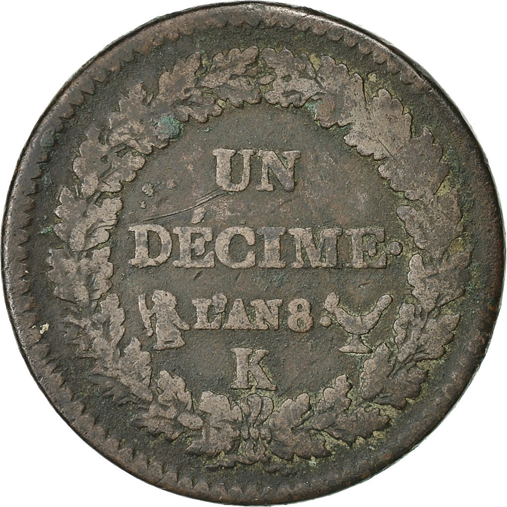 Moneta, Francia, Dupré, Decime, 1799, Bordeaux, MB, Bronzo, KM:644.8