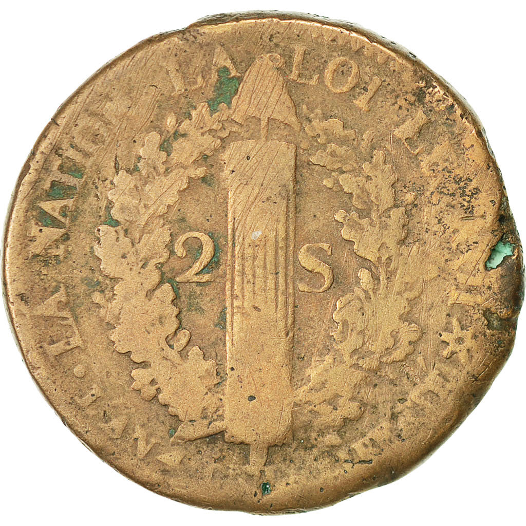 Coin, France, 2 sols français, 2 Sols, 1792, Strasbourg, F(12-15), Bronze