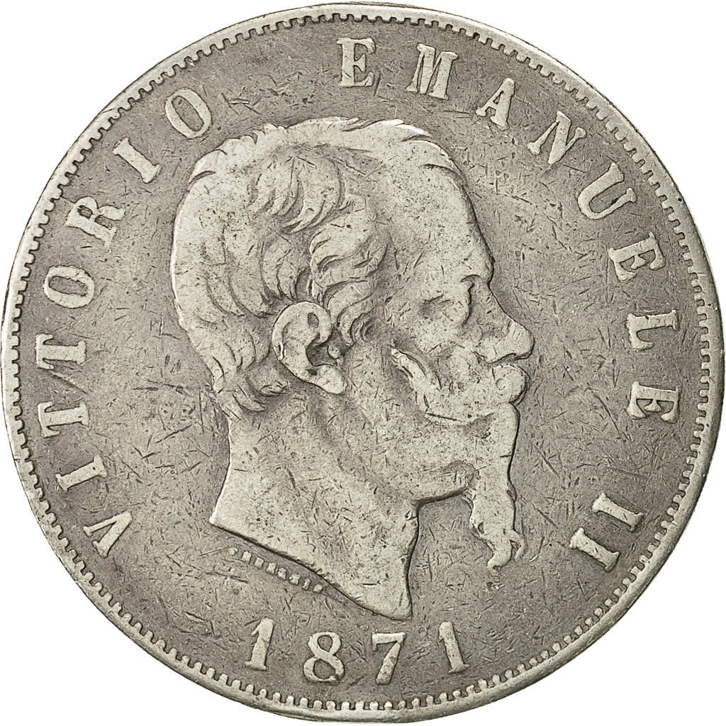 Coin, Italy, Vittorio Emanuele II, 5 Lire, 1871, Milan, VF(30-35), Silver