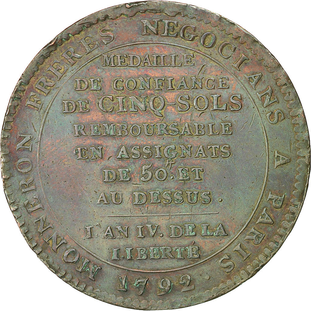Munten, Frankrijk, 5 Sols, 1792, Birmingham, ZF+, Bronze, KM:Tn31, Brandon:223B