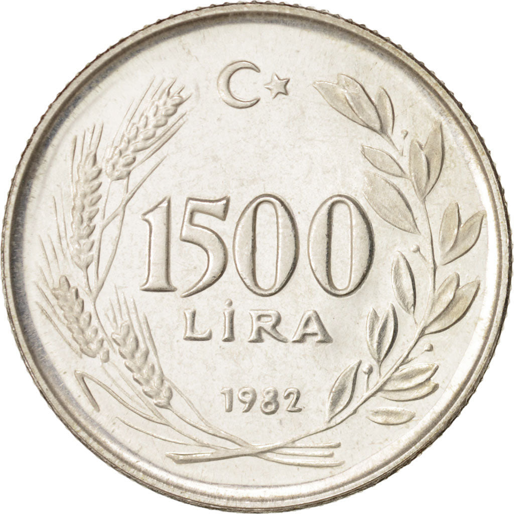 Coin, Turkey, 1500 Lira, 1982, MS(65-70), Silver, KM:947