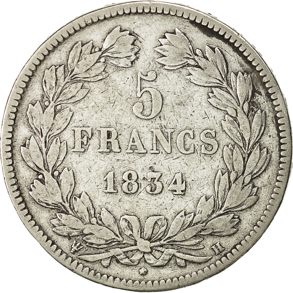 Moneda, Francia, Louis-Philippe, 5 Francs, 1834, La Rochelle, BC+, Plata
