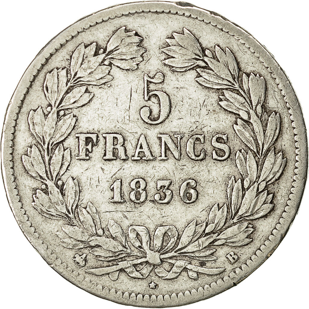 Moneda, Francia, Louis-Philippe, 5 Francs, 1836, Rouen, BC+, Plata, KM:749.2