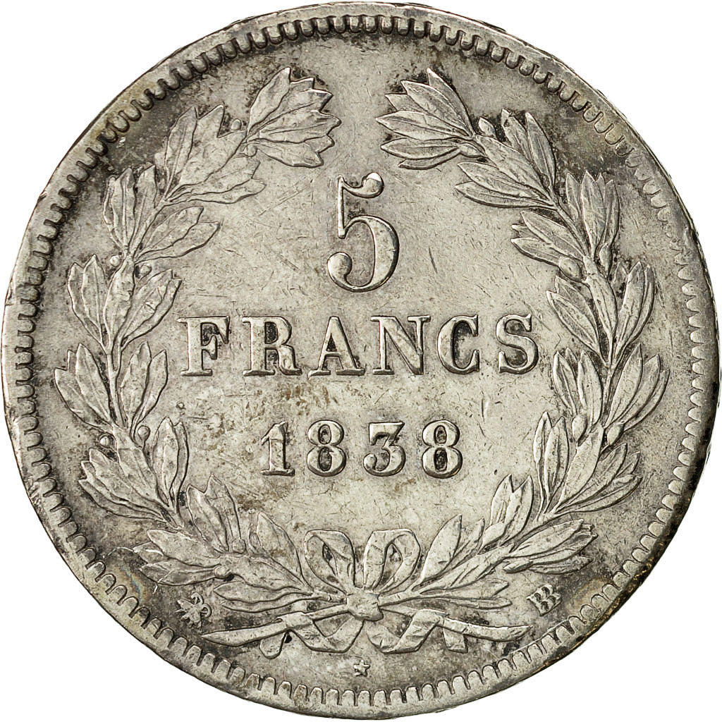 Moneda, Francia, Louis-Philippe, 5 Francs, 1838, Strasbourg, MBC, Plata