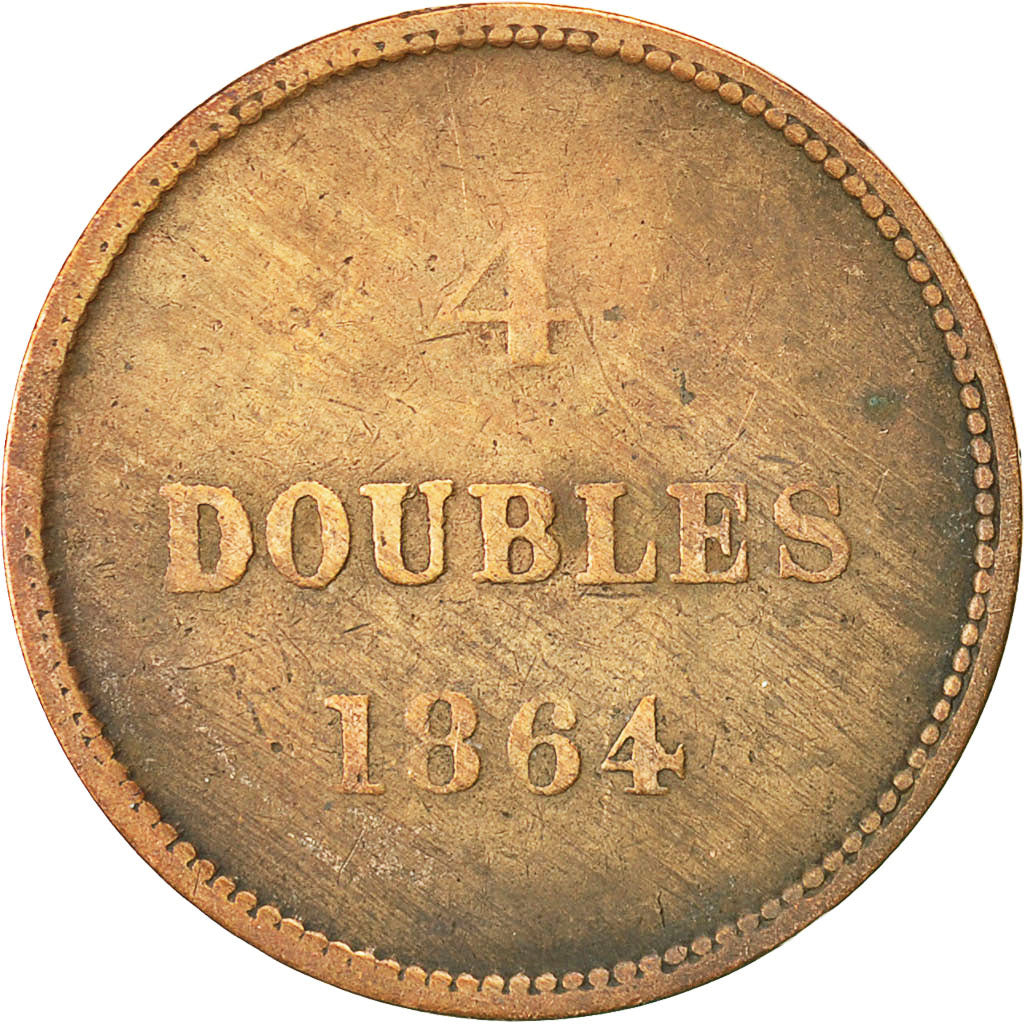 Coin, Guernsey, 4 Doubles, 1864, Heaton, Birmingham, VF(30-35), Bronze, KM:5