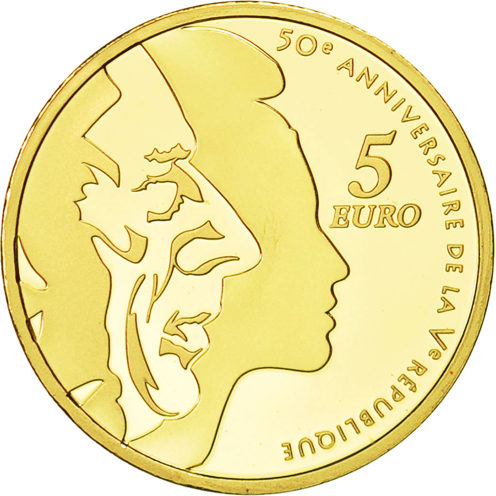 France, 5 Euro, 2008, MS(65-70), Gold, KM 1538