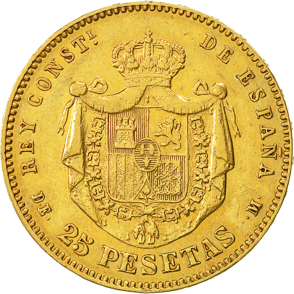 Coin, Spain, Alfonso XII, 25 Pesetas, 1877, Madrid, AU(55-58), Gold, KM:673