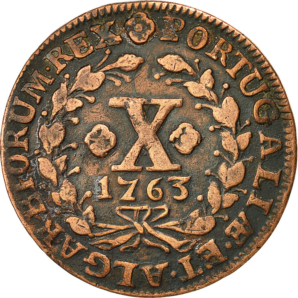 Moneda, Portugal, Jose I, 10 Reis, X; 1/2 Vinten, 1763, MBC, Cobre, KM:243.2