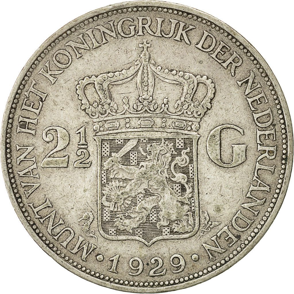 Netherlands, Wilhelmina I, 2-1/2 Gulden, 1929, EF(40-45), Silver, KM:165