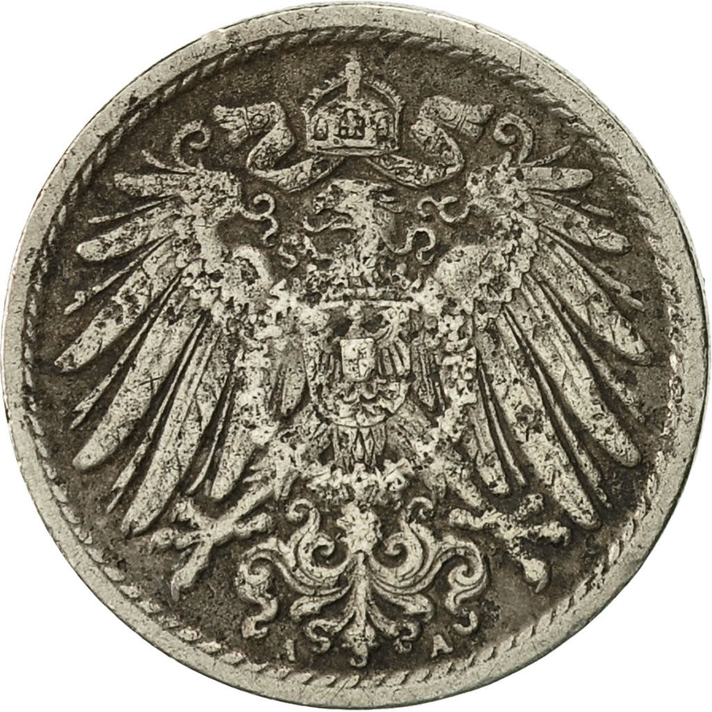 Moneta, GERMANIA - IMPERO, Wilhelm II, 5 Pfennig, 1910, Berlin, BB, Rame-nichel