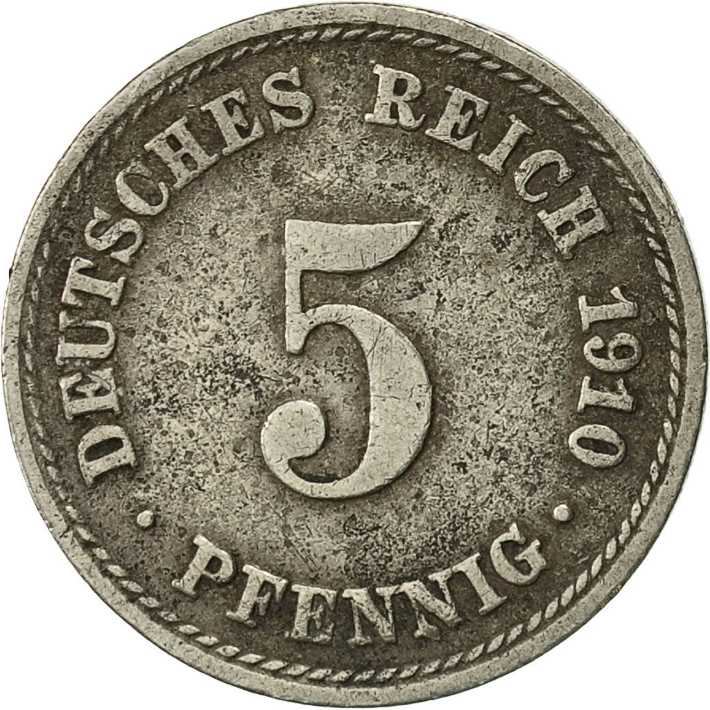 Moneta, GERMANIA - IMPERO, Wilhelm II, 5 Pfennig, 1910, Berlin, BB, Rame-nichel