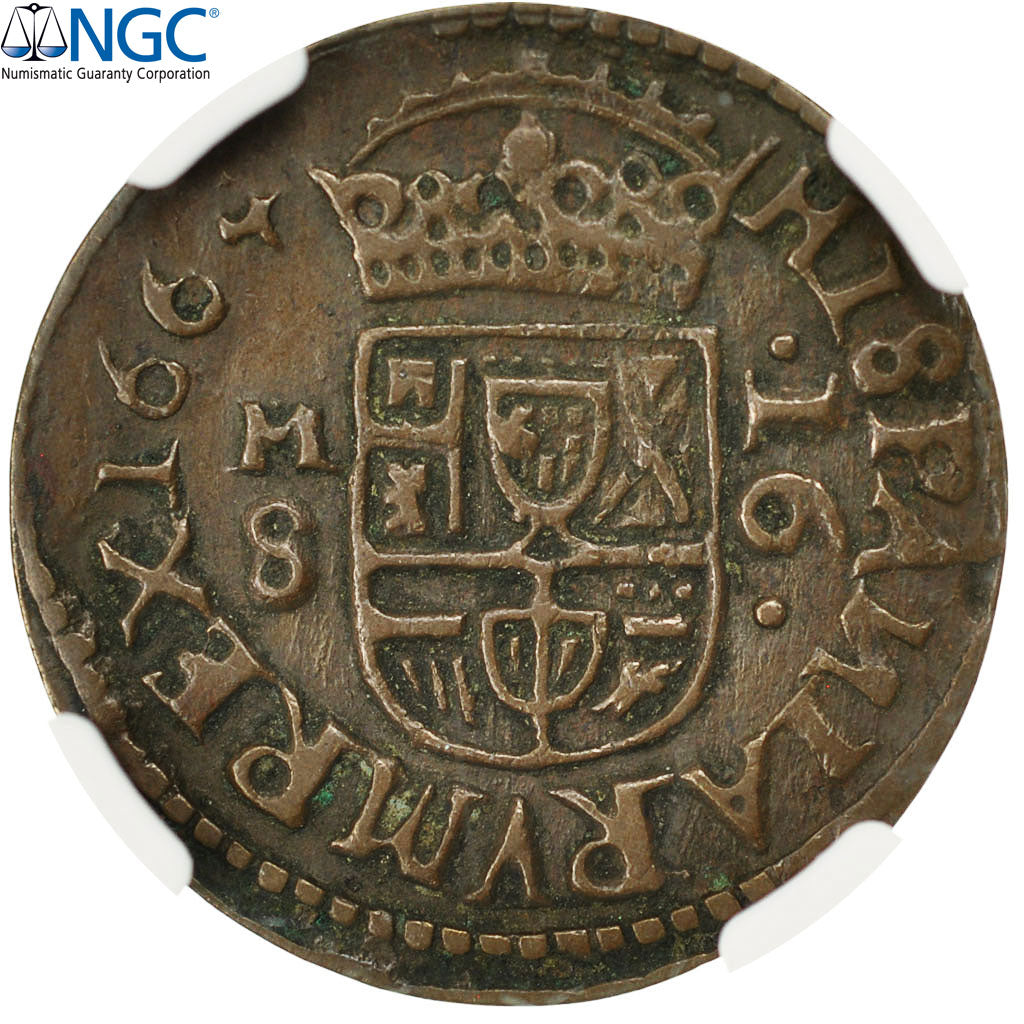 Moneda, España, Philip IV, 16 Maravedis, 1664, Madrid, NGC, VF35, BC+, Cobre