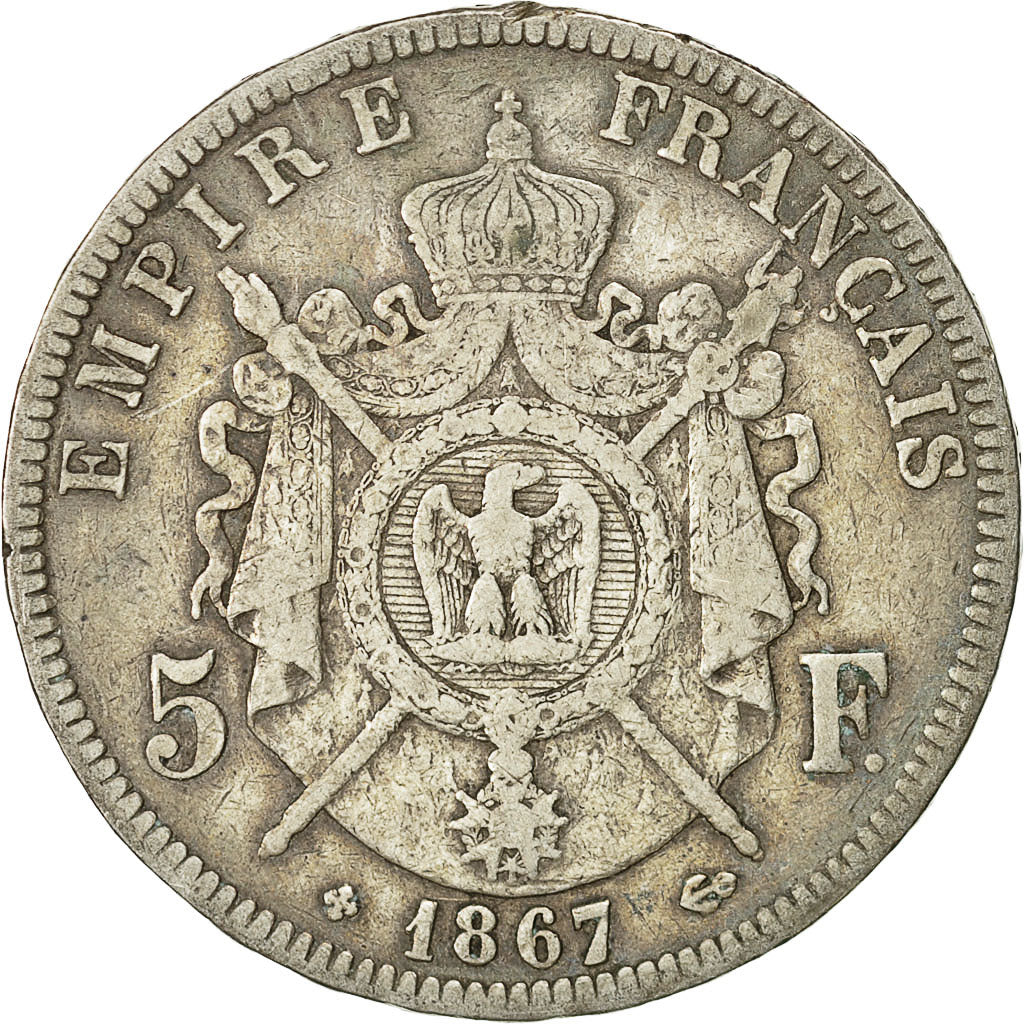 France, Napoléon III, 5 Francs, 1867, Strasbourg, VF(30-35), Silver, KM 799.2