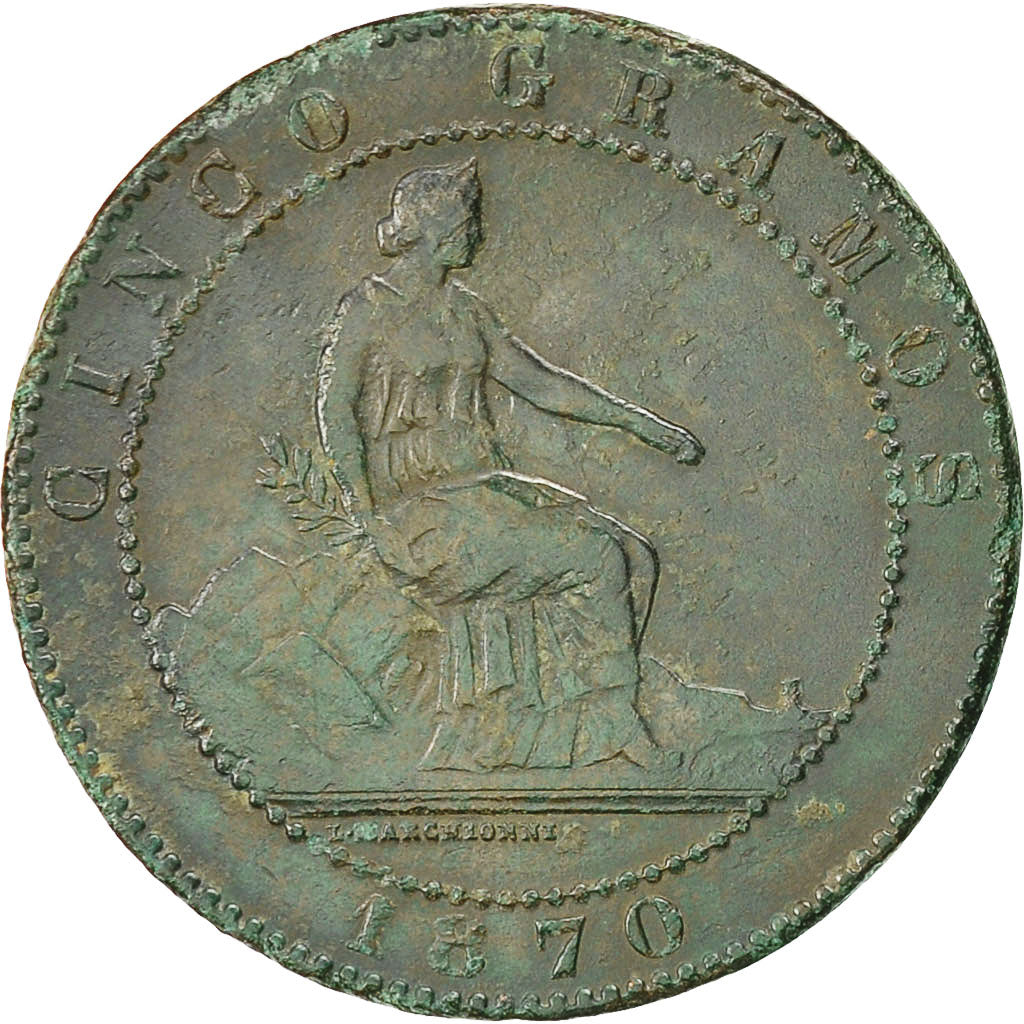 Coin, Spain, Provisional Government, 5 Centimos, 1870, Barcelona, AU(50-53)