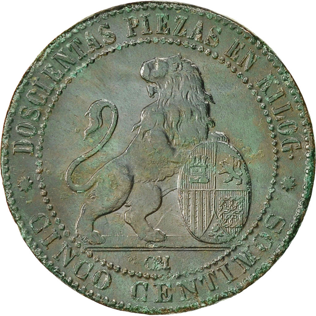 Coin, Spain, Provisional Government, 5 Centimos, 1870, Barcelona, AU(50-53)