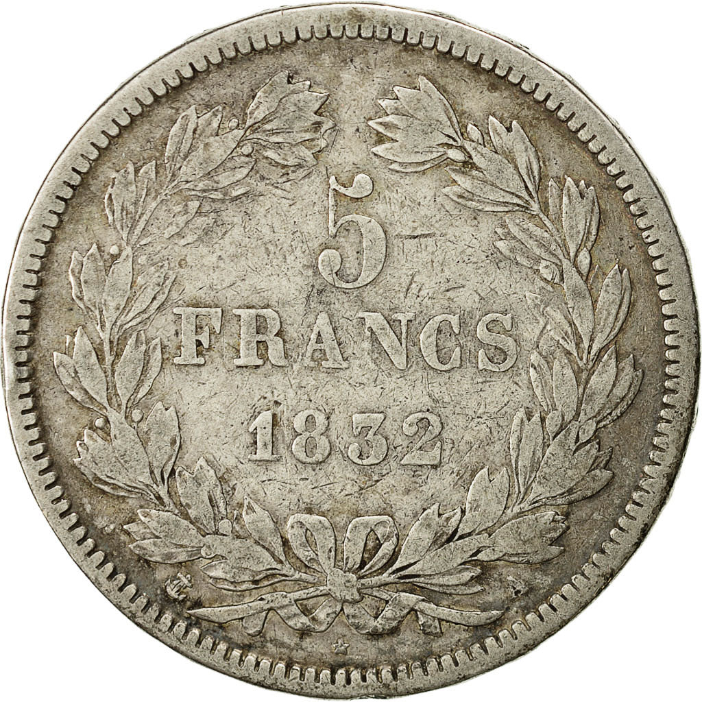 Moneda, Francia, Louis-Philippe, 5 Francs, 1832, Paris, BC+, Plata, KM:749.1