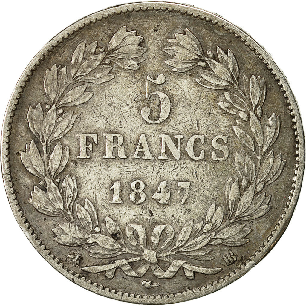 Moneda, Francia, Louis-Philippe, 5 Francs, 1847, Strasbourg, MBC, Plata