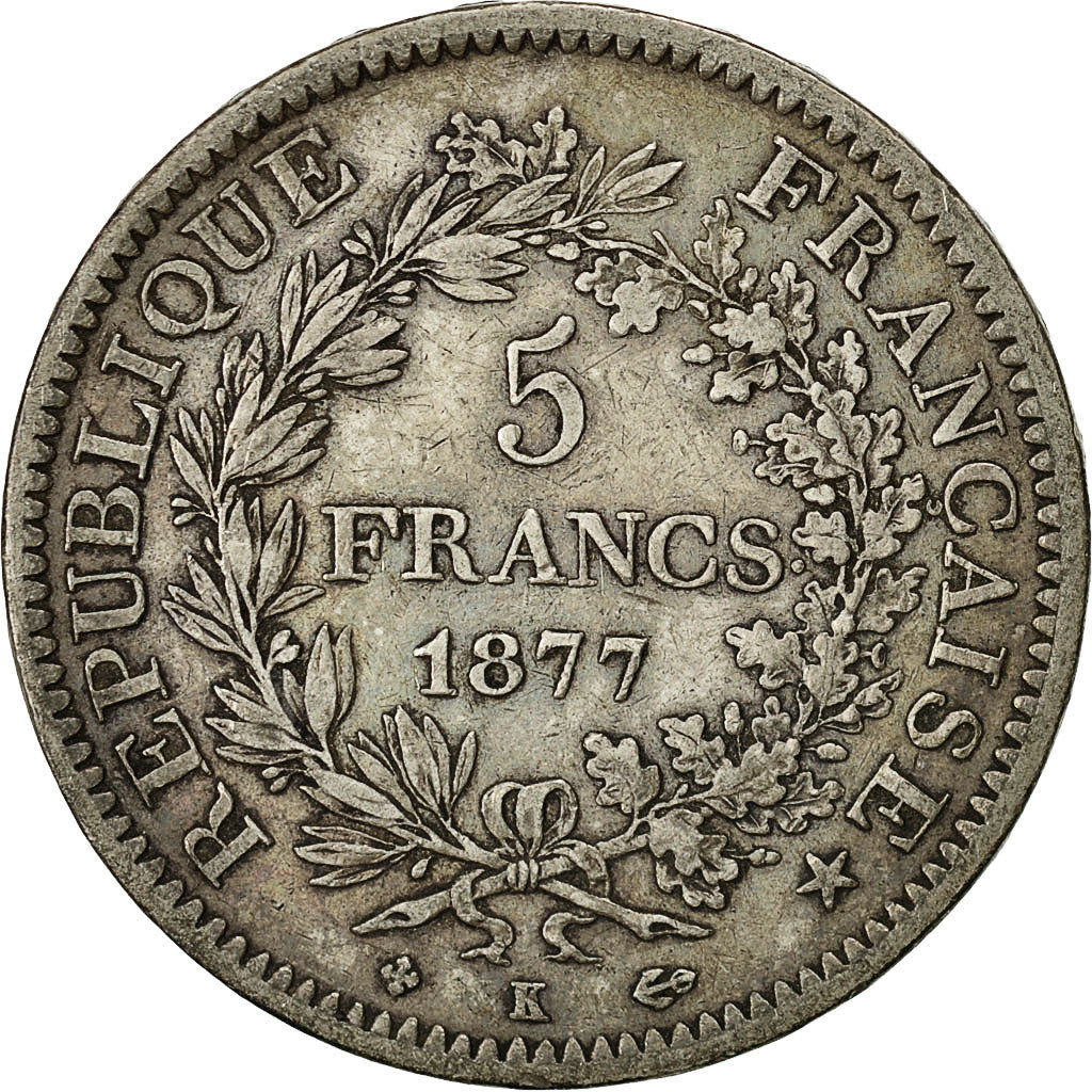 Moneda, Francia, Hercule, 5 Francs, 1877, Bordeaux, BC+, Plata, KM:820.2