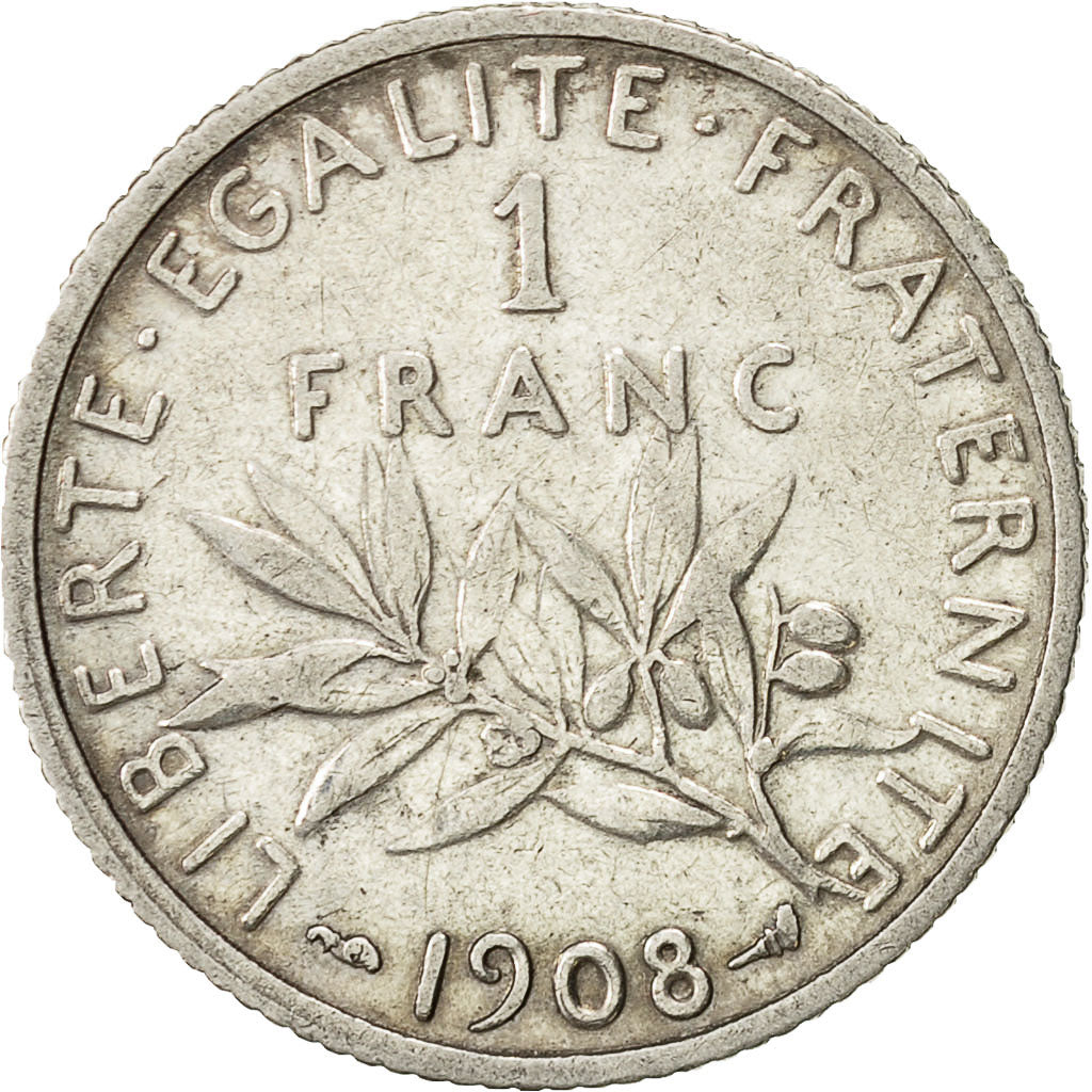 Coin, France, Semeuse, Franc, 1908, Paris, AU(50-53), Silver, KM:844.1