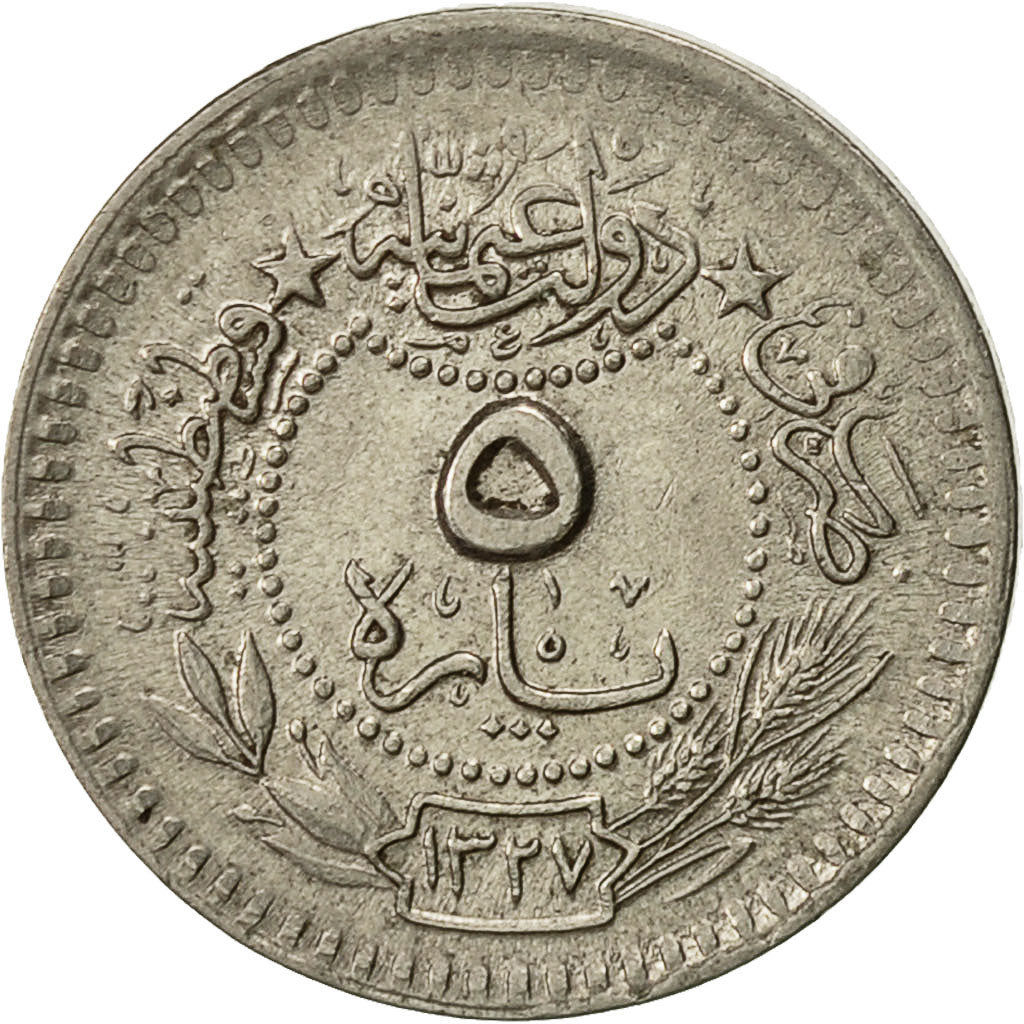 Coin, Turkey, Muhammad V, 5 Para, 1910, Qustantiniyah, AU(50-53), Nickel, KM:759