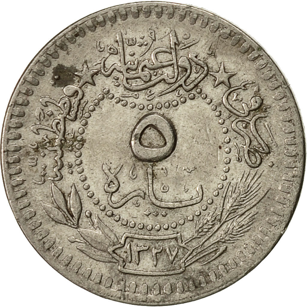 Coin, Turkey, Muhammad V, 5 Para, 1910, Qustantiniyah, AU(55-58), Nickel, KM:759