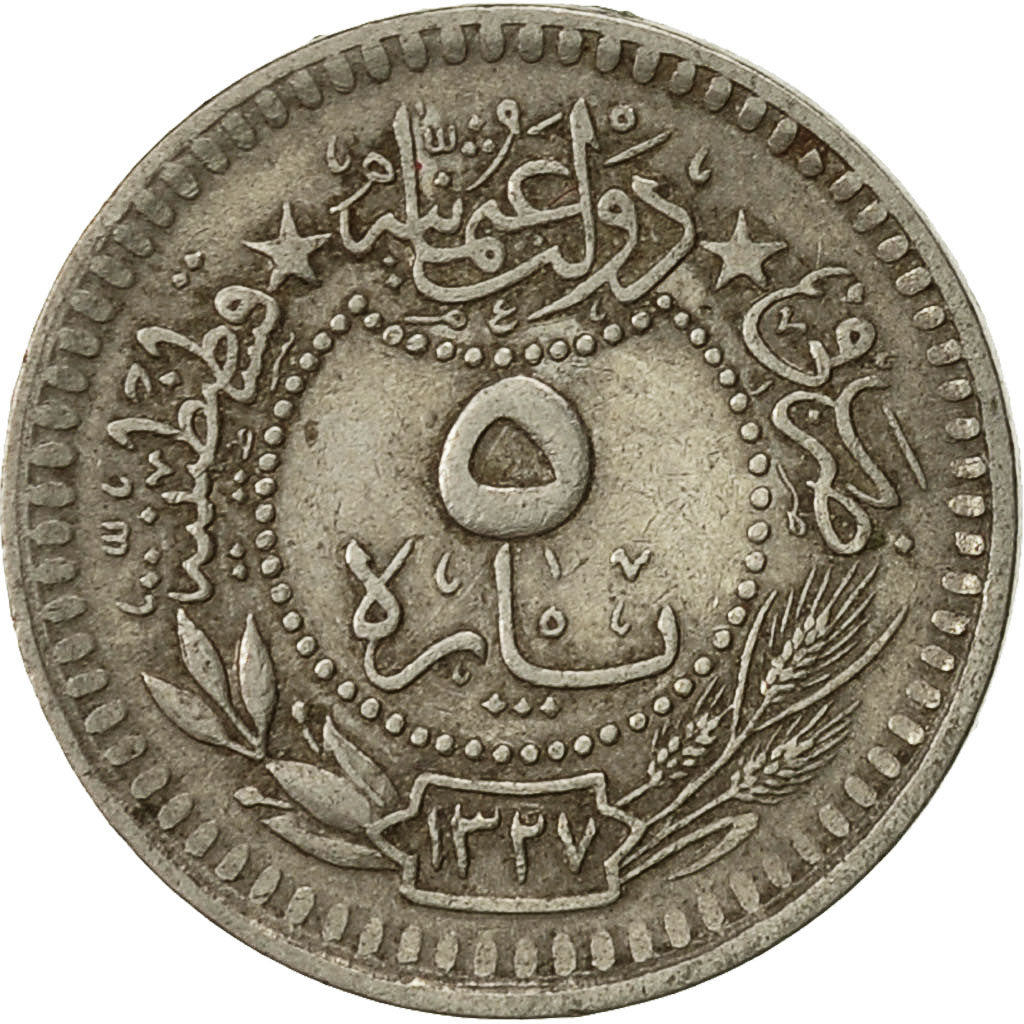Coin, Turkey, Muhammad V, 5 Para, 1912, Qustantiniyah, EF(40-45), Nickel, KM:759