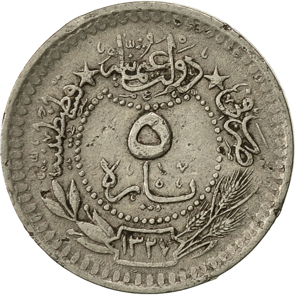 Coin, Turkey, Muhammad V, 5 Para, 1912, Qustantiniyah, AU(50-53), Nickel, KM:759