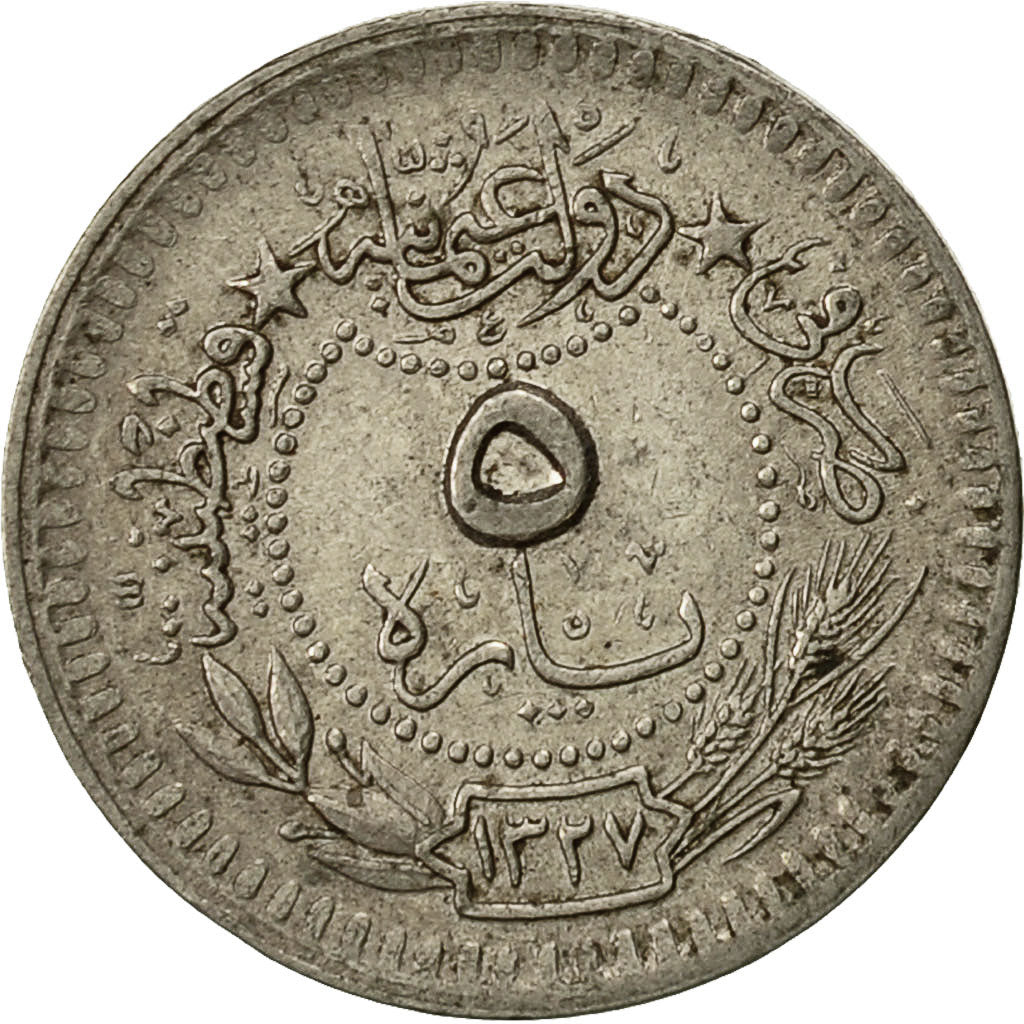 Coin, Turkey, Muhammad V, 5 Para, 1913, Qustantiniyah, AU(55-58), Nickel, KM:759