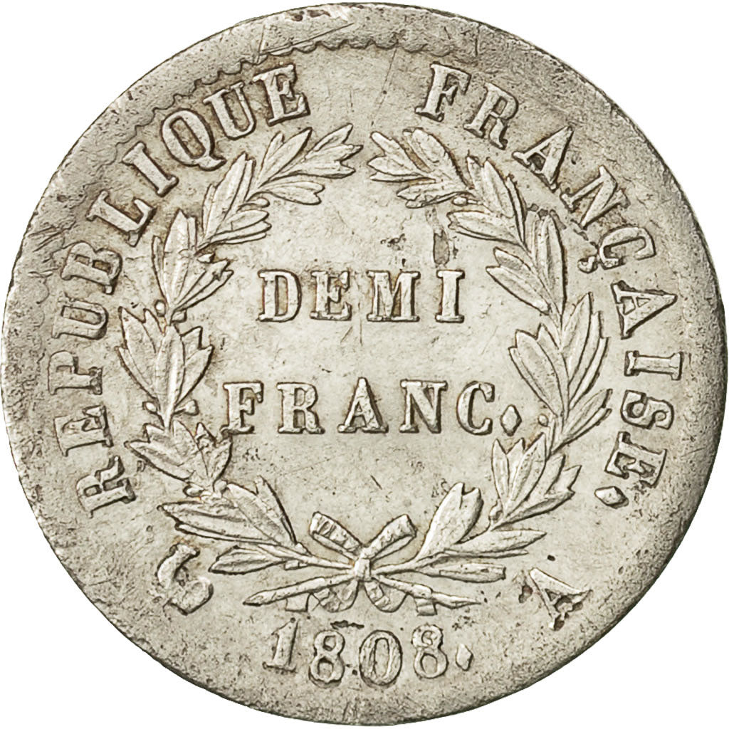 Coin, France, Napoléon I, 1/2 Franc, 1808, Paris, AU(50-53), Silver, KM:680.1