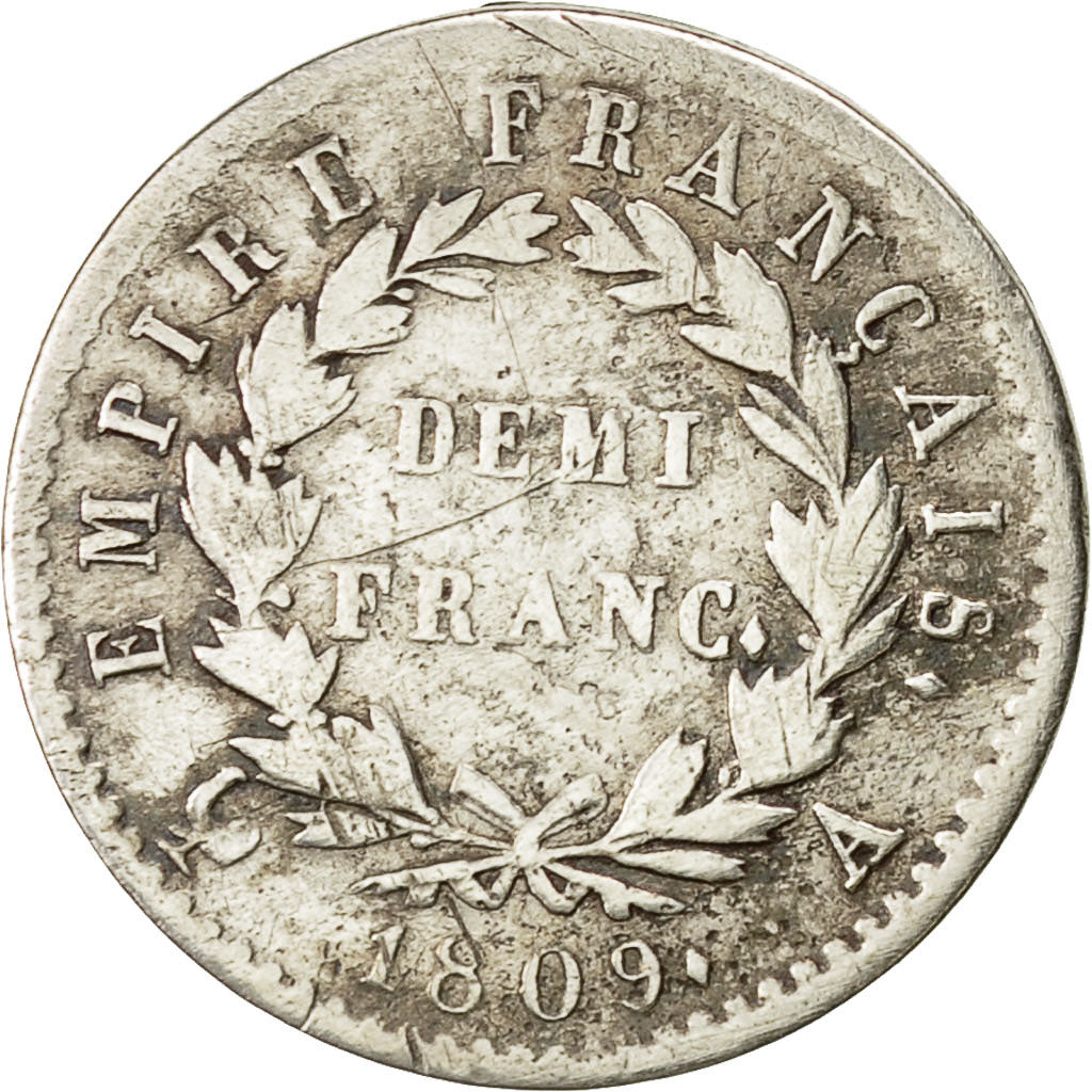 Monnaie, Premier Empire, Demi Franc Napoléon 1er, 1809, Paris, KM 691.1