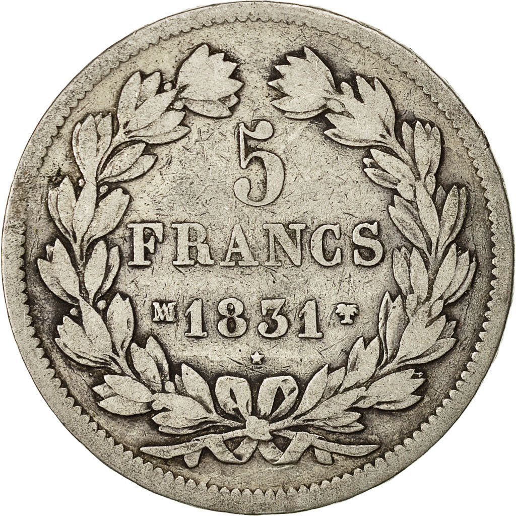 Moneta, Francia, Louis-Philippe, 5 Francs, 1831, Marseille, MB+, Argento