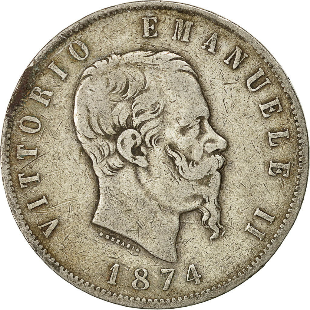 Coin, Italy, Vittorio Emanuele II, 5 Lire, 1874, Milan, VF(30-35), Silver