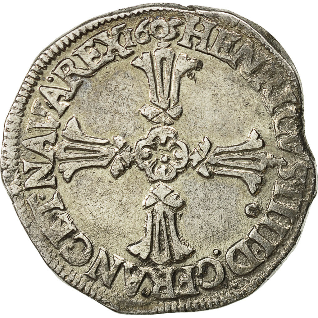Coin, France, Henri IV, 1/4 Ecu, 1605, Rennes, AU(50-53), Silver, Sombart:4686