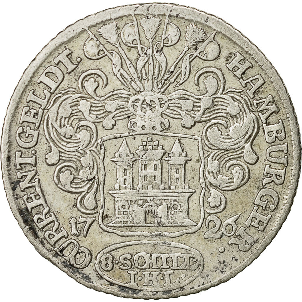 Coin, German States, HAMBURG, 8 Schilling, 1/2 Mark, 1726, AU(50-53), Silver